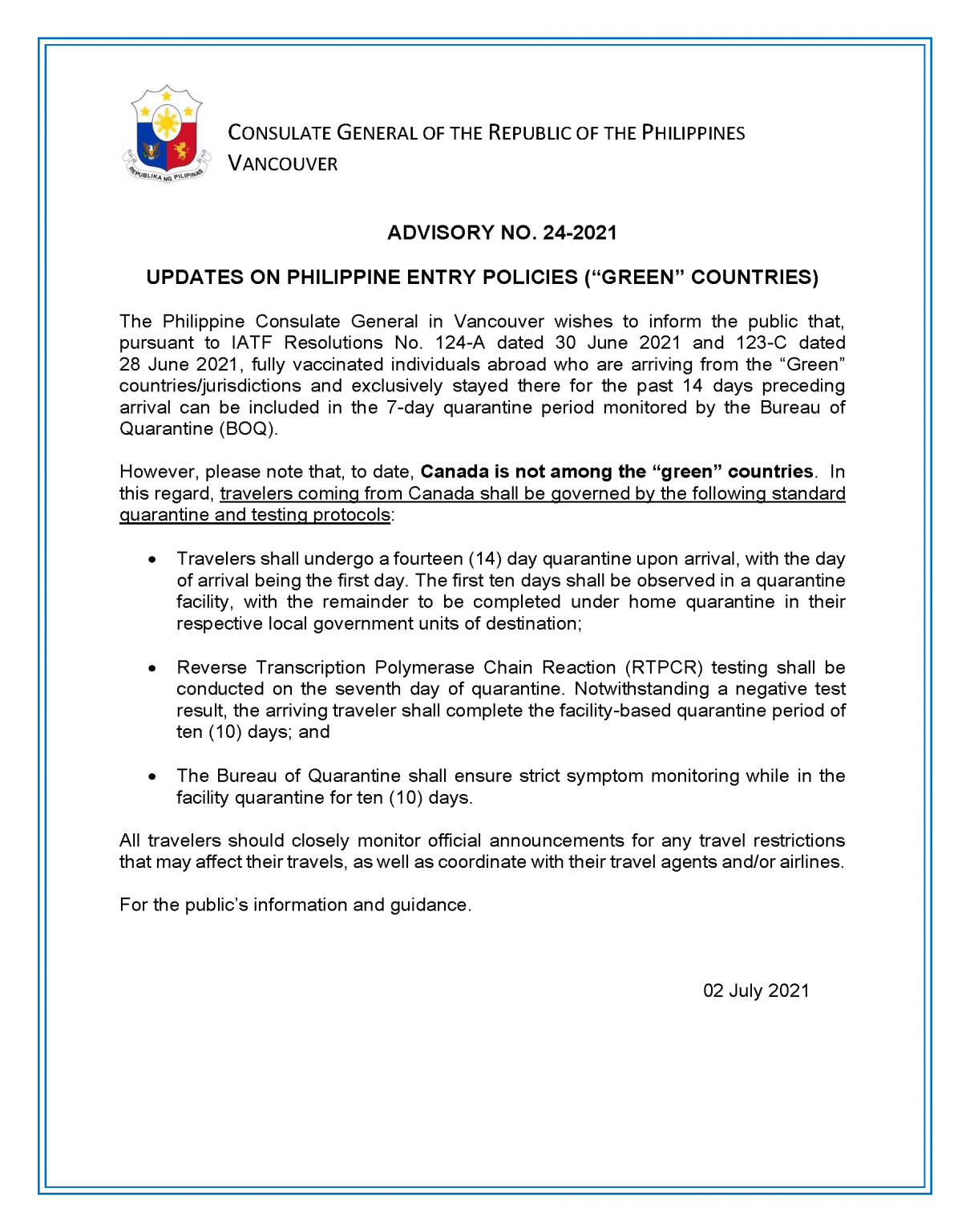 ADVISORY NO 24 2021 Updates On Philippine Entry Policies Green   Advisory No. 24 On UPDATES ON PHILIPPINE ENTRY POLICIES GREEN COUNTRIES 1210x1536 