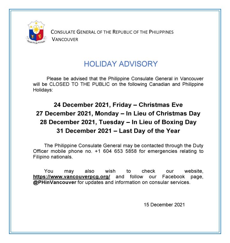 HOLIDAY ADVISORY - December 2021 - Vancouver Philippines Consulate General