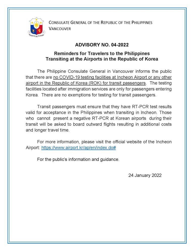 ADVISORY NO. 04-2022: Reminders For Travelers To The Philippines ...