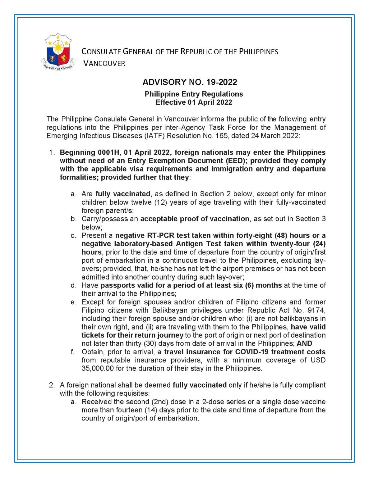 ADVISORY NO 19 2022 Philippine Entry Regulations Effective 01 April   Advisory No. 19 2022 Philippine Entry Regulations IATF No. 165 Page 1 1187x1536 