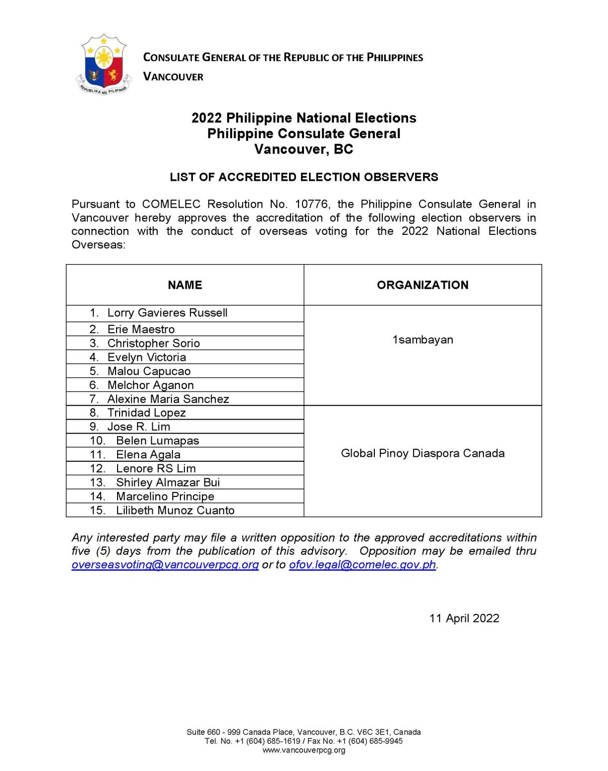 List Of Accredited Election Observers 2022 Philippine National Elections Vancouver 3097